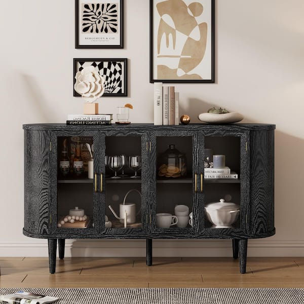 Farmhouse Black Wood 60 in. Buffet Sideboard Cabinet with Glass Doors and Adjustable Shelves