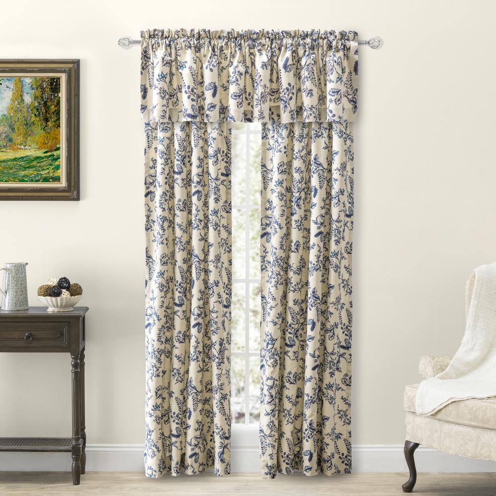 Indigo Floral Cotton Linen Rod Pocket Curtains with Tiebacks