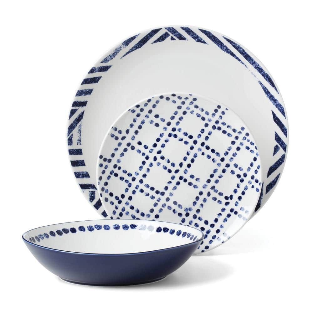 Navy and White Porcelain 12-Piece Geometric Dinnerware Set