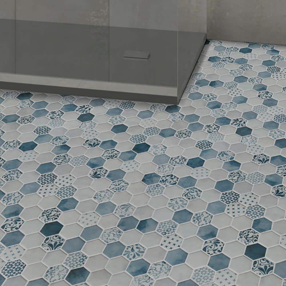 Blue and White Hexagon Recycled Glass Mosaic Tile