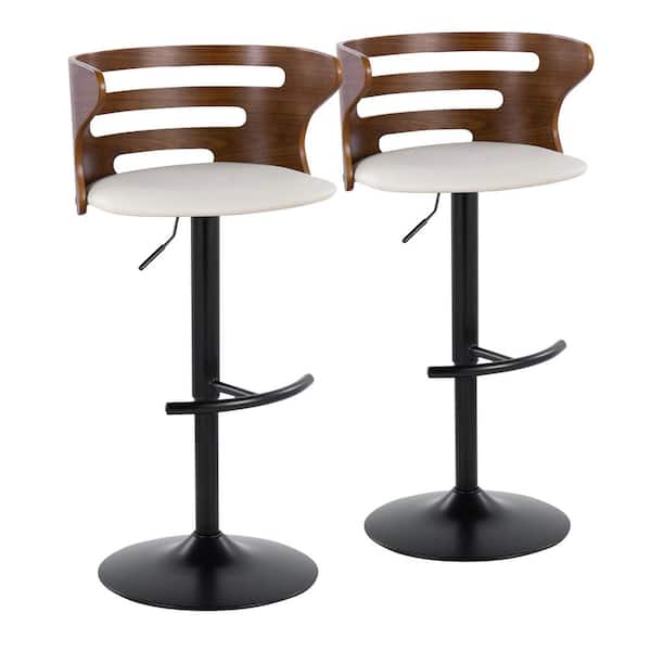 Lumisource Cosi 32.25 in. Cream Faux Leather, Walnut Wood and Black Metal Adjustable Bar Stool with Rounded T Footrest (Set of 2)