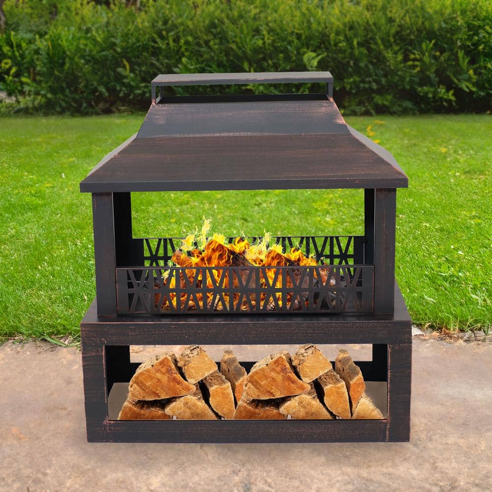 Bronze Steel Outdoor Fireplace with Log Storage and Pavilion Roof