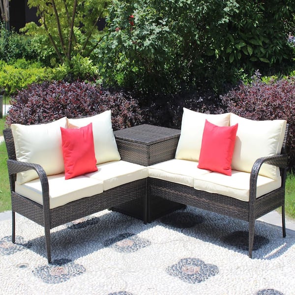 3-Piece Wicker Outdoor Chaise Lounge with Beige Cushions, Furniture Sofa Set with Storage Box-Brown