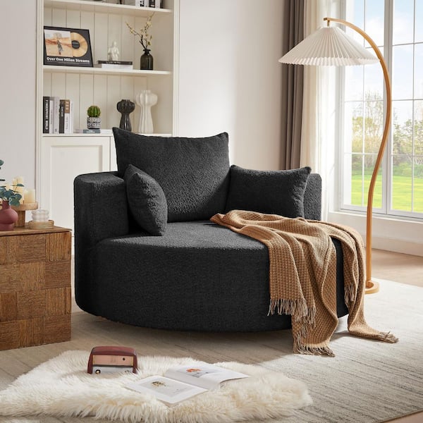 Black Chenille 360° Round Swivel Chair Accent Sofa Chair with 3 Removable Pillows for Living Room