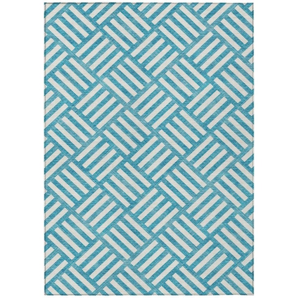 Teal Blue, Ivory 10 ft. x 14 ft. Woven Geometric Polyester Rectangle Indoor/Outdoor Area Rug
