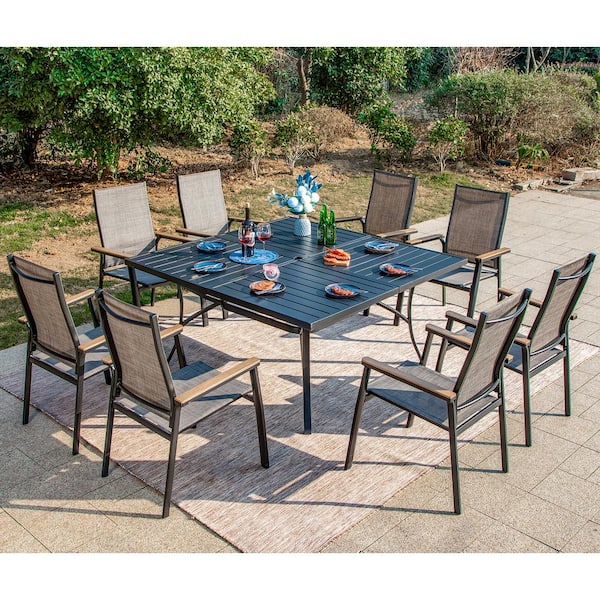 PHI VILLA Black 9-Piece Metal Outdoor Patio Dining Set with Square Table and Stackable Aluminum Chairs