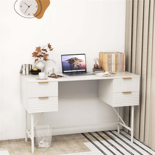 48 in. Rectangular White 4-Drawers Desk with Storage Metal Frame