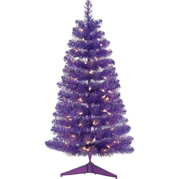 HAUNTED HILL FARM:Haunted Hill Farm 48 in. Halloween Purple Tinsel Tree with LED Lights