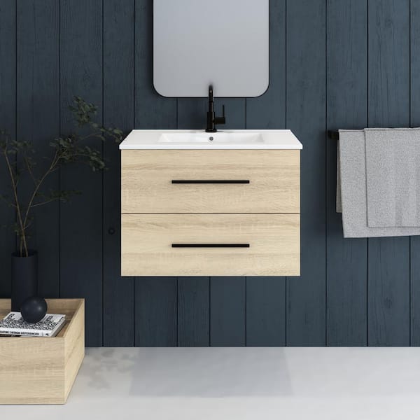 VOLPA USA AMERICAN CRAFTED VANITIES Napa 30 in. W. x 18 in. D Single Sink Bathroom Vanity Wall Mounted in White Oak with Ceramic Integrated Countertop