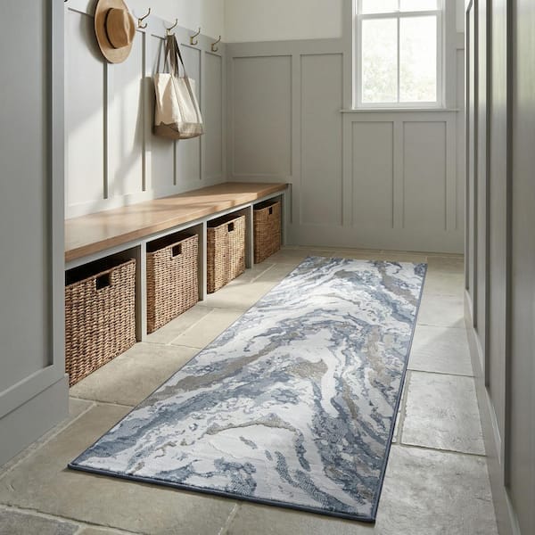 Serenity Abstract Marble Gray-Opal 2 ft. x 8 ft. High-Density Accent Runner Rug