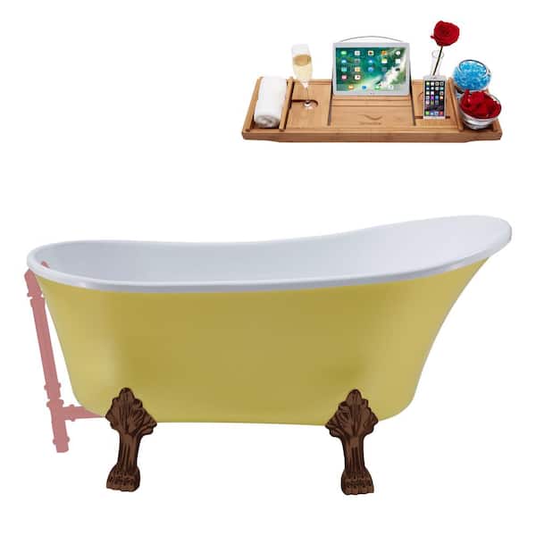 Streamline 63 in. x 28.3 in. Acrylic Clawfoot Soaking Bathtub in Matte Yellow with Matte Oil Rubbed Bronze Clawfeet and Pink Drain