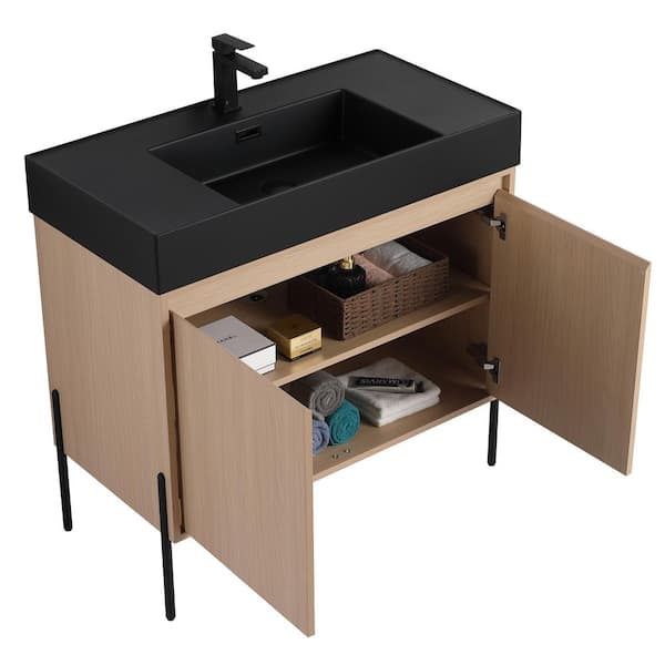 Crownpoint 36 in. Freestanding Single White Oak Bathroom Vanity with Black Acrylic Sink Top Unassembled