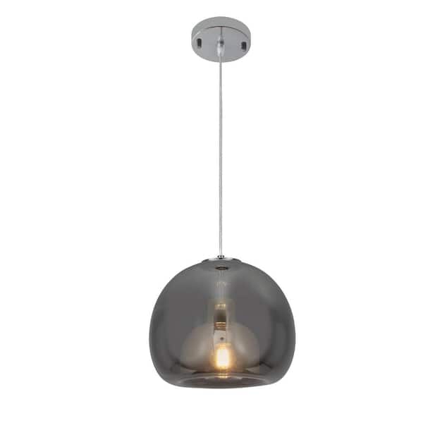 1-Light Chrome Globe Adjustable Hanging Pendant Light with Smokey Grey Class Shaded for Living Room, No Bulbs Included