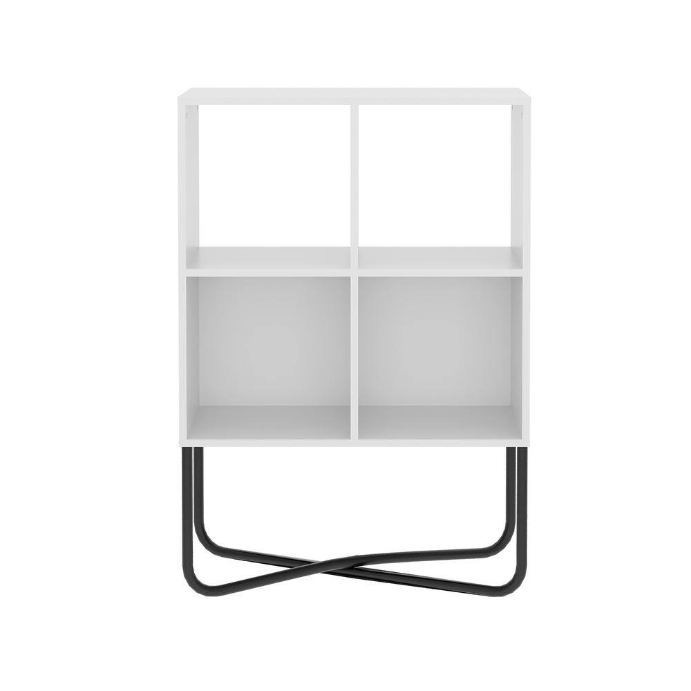 White and Walnut Geometric 2-Tier Bookcase with Black Cross-Legs