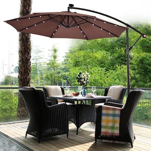 10 ft. Metal Cantilever Solar Patio Umbrella LED Sun Shade Offset W/Base in Tan