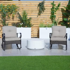 Bella 3-Piece Metal Round Outdoor Bistro Set with White Concrete Coffee Table, Rocking Chairs and Grey Cushions