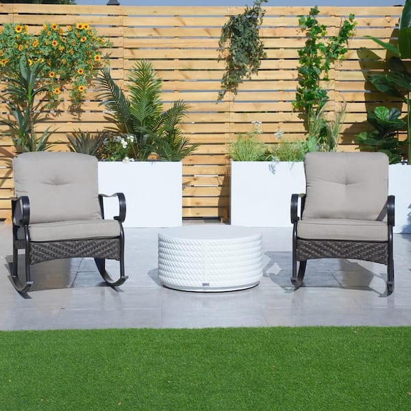 DIRECT WICKER Bella 3-Piece Metal Round Outdoor Bistro Set with White Concrete Coffee Table, Rocking Chairs and Grey Cushions