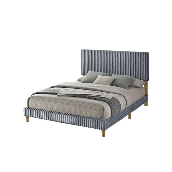 Best Quality Furniture Rowe Gray Color Wood Frame Corduroy Fabric Queen Panel Bed With Natural Wood Color Legs