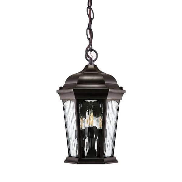 Hanging Flame 4-Light Bronze Finish with Water Glass Lens LED Outdoor Pendant Light with Integrated LED