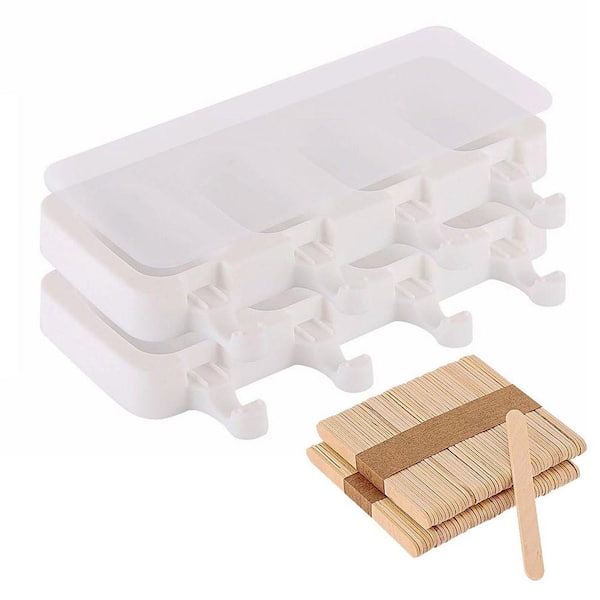 Standard Size 4 Cavities Silicone Popsicle Molds with Lids and 100 Wooden Sticks for Ice Cream, Cake Pops - BPA Free