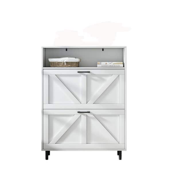 Boyel Living 44.7 in. H x 31.5 in. W Antique White Wood Shoe Storage Cabinet with Barn Door Design and 2 Flip Drawers