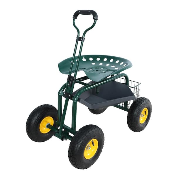 WELLFOR 17.7 in. Green Iron Garden Cart Rolling Scooter with Tool Tray