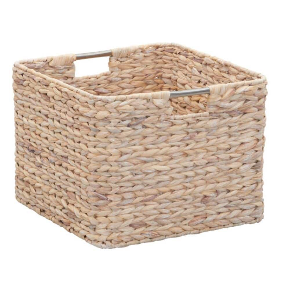 Square Wicker Basket  Hyacinth Cube with Stainless Steel Handles  Intricate and Durable Weave  Sturdy Metal Frame  White Wash