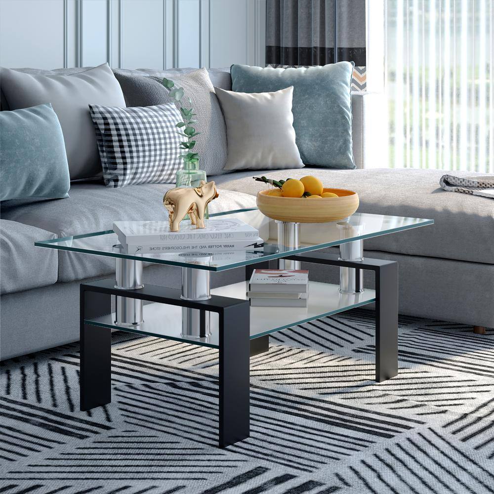 Modern Rectangular Glass Coffee Table with Black Metal Legs
