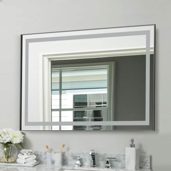 36 in. W x 28 in. H Rectangular Aluminum Framed Backlit and Front Light LED Wall Bathroom Vanity Mirror in Gun Grey