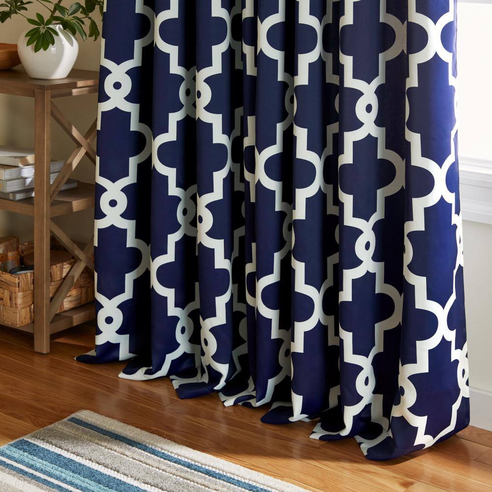 Peacoat Blue and White Polyester Blackout Window Curtain Panel Pair