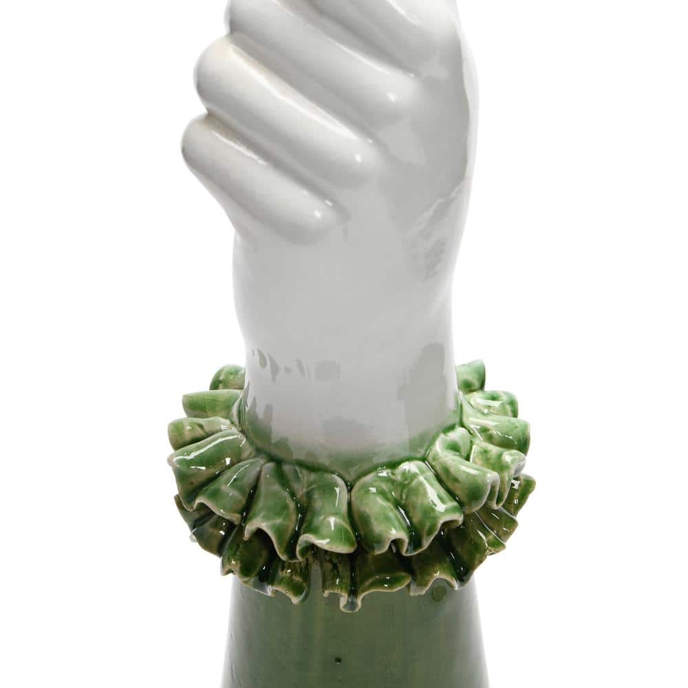 Green and White Ceramic Hand Vase with Ruffled Sleeve