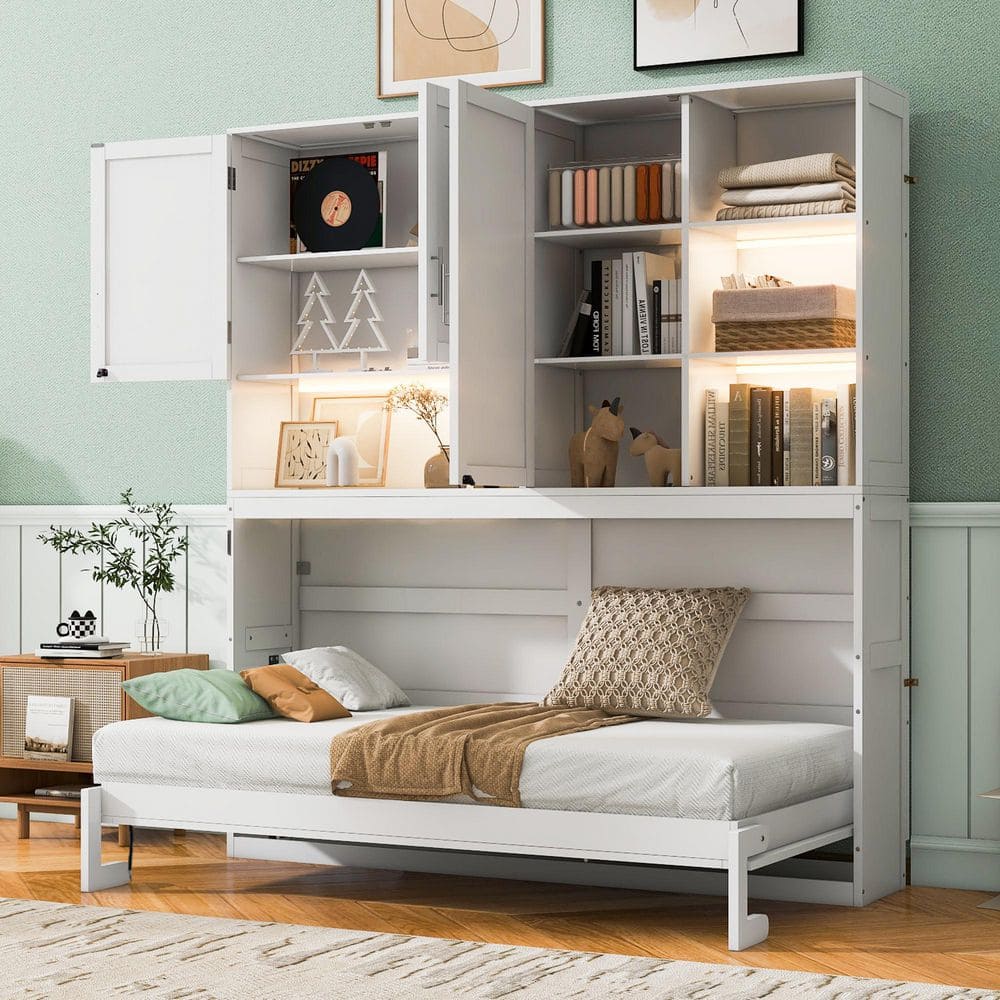 White Wood Frame Twin Wall Murphy Bed with Light, USB Port, Top Cabinet, Shelves price history on PriceWatchPro