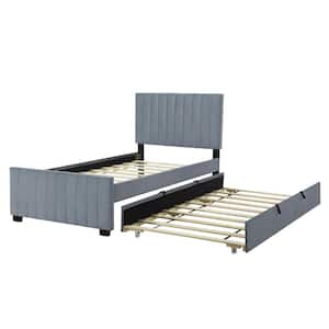 Channel-Tufted Gray Wood Frame Twin Size Velvet Upholstered Platform Bed with Twin Size Trundle