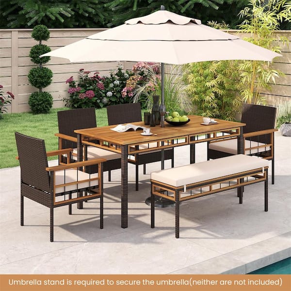 63 in. Outdoor Dining Table with Acacia Wood Slatted Tabletop, 1.97 in. Umbrella Hole