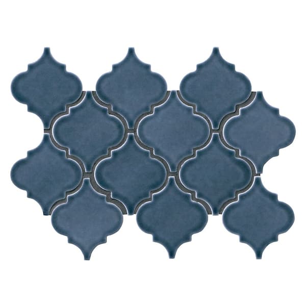 Bay Blue Glossy Arabesque 11 in. x 15 in. Glossy Ceramic Mesh-Mounted Mosaic Wall Tile (11.7 sq. ft./Case)