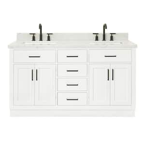 Hepburn 61 in. W x 22 in. D x 36 in. H Bath Vanity in White with White Carrara Marble Vanity Top with White Basins