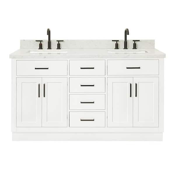 Hepburn 61 in. W x 22 in. D x 36 in. H Bath Vanity in White with White Carrara Marble Vanity Top with White Basins