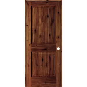 32 in. x 80 in. Knotty Alder 2 Panel Left-Hand Square Top V-Groove Red Chestnut Stain Wood Single Prehung Interior Door