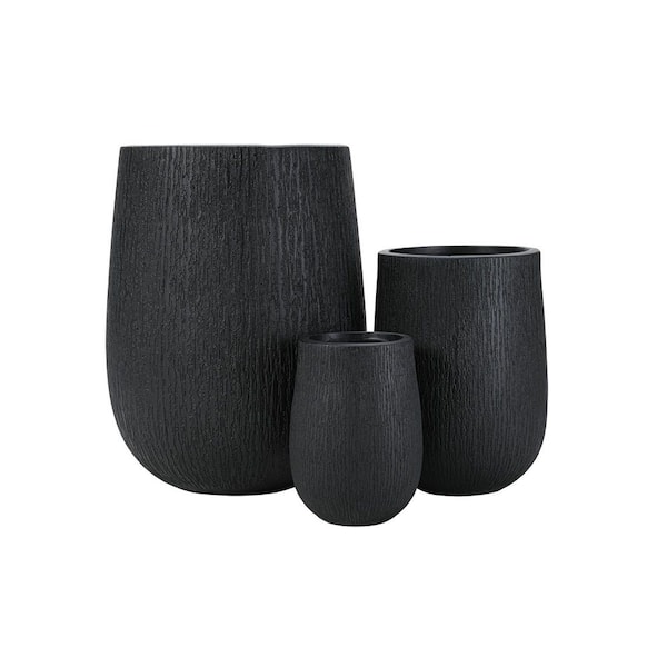 Arvella 15.6 in. Dia Black MGO Round Lightweight Concrete Outdoor Planter with Drainage Holes and Rubber Plug, Set of 3