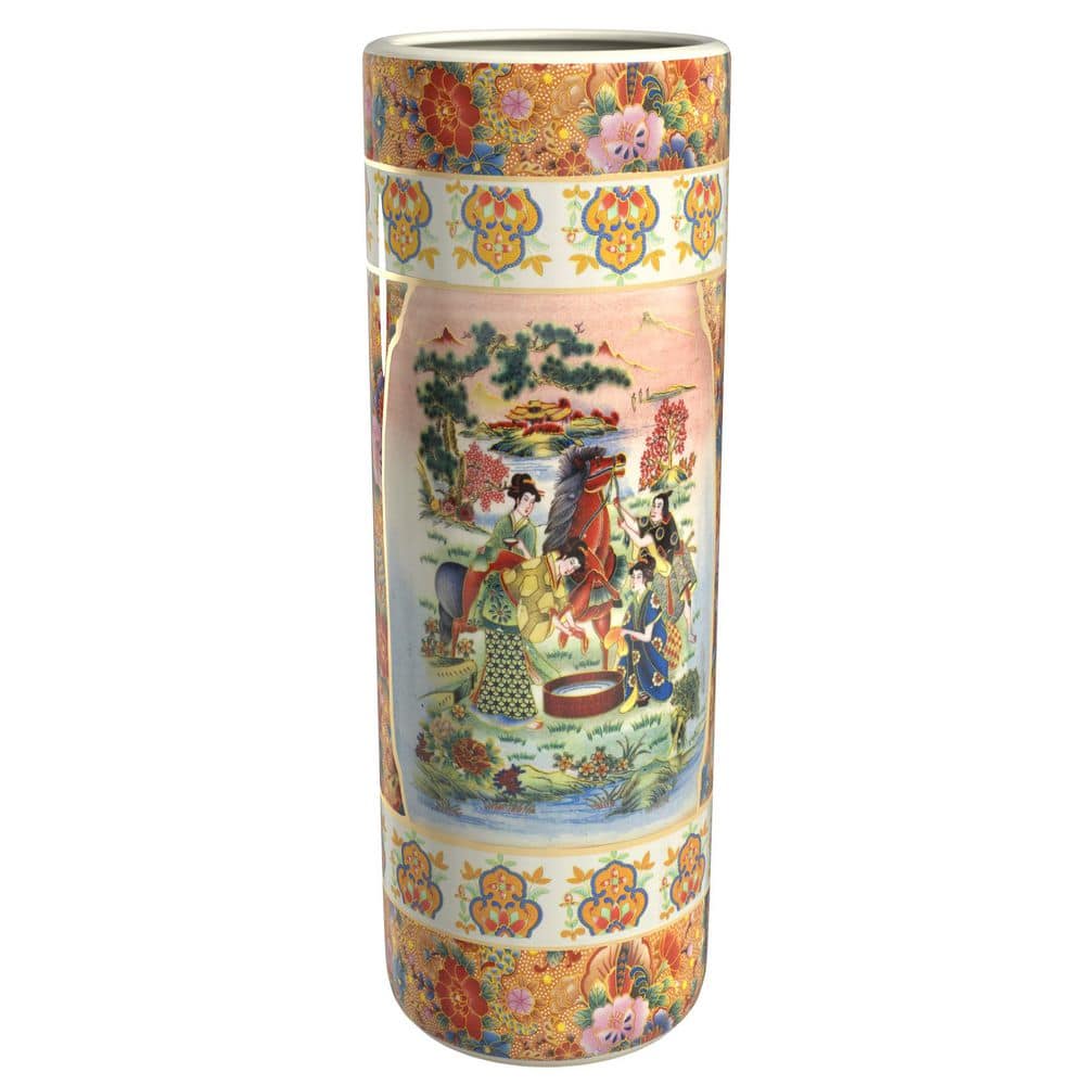 Oriental Furniture 24 in. Rose Medallion Horse in Meadow Porcelain Umbrella