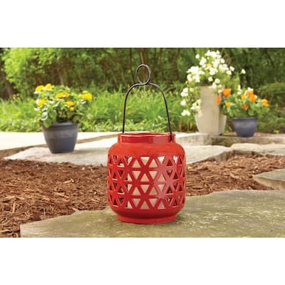 6.5 in. Ceramic Outdoor Patio Lantern in Chili Red
