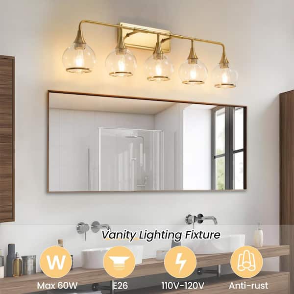 KAISITE 39 in. 5-Light Gold Bathroom Vanity Light with Clear Globe