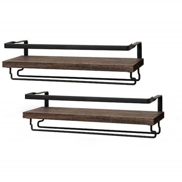 Angel Sar 16.9 in. Brown Wall Mounted Wine Rack, Wood Rustic Floating Shelves with Stemware Hanger (2-Pack)