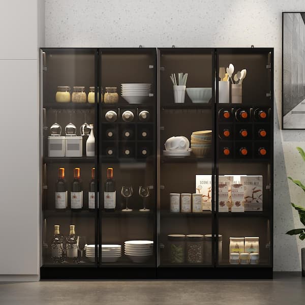 FUFU&GAGA Black Wood Storage Cabinet Display Cabinet with Wine Cubes, Pop Up Glass Doors, 3-Color LED Lights and Aluminum Framed