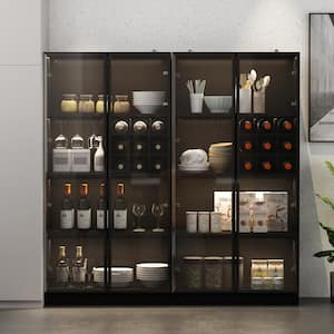 Black Wood Storage Cabinet Display Cabinet With Wine Cubes, Pop up Glass Doors, 3-Color LED Lights and Aluminum Framed