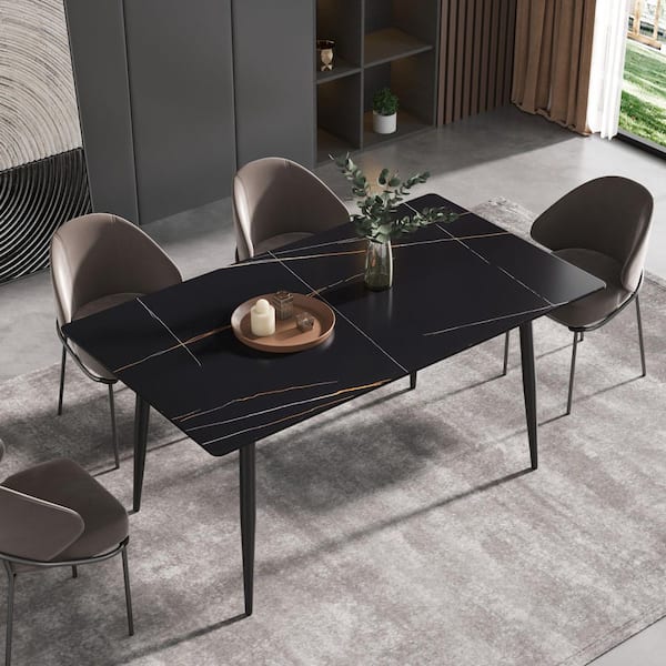 J&E Home 62.99 in. Rectangle Black Sintered Stone Top with Black Metal Frame (Seats 4-6)