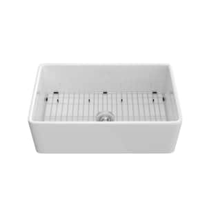 Cratch-Resistant White Fireclay 33 In. Single Bowl Farmhouse Apron Kitchen Sink w/Bottom Grid and Kitchen Sink Drain