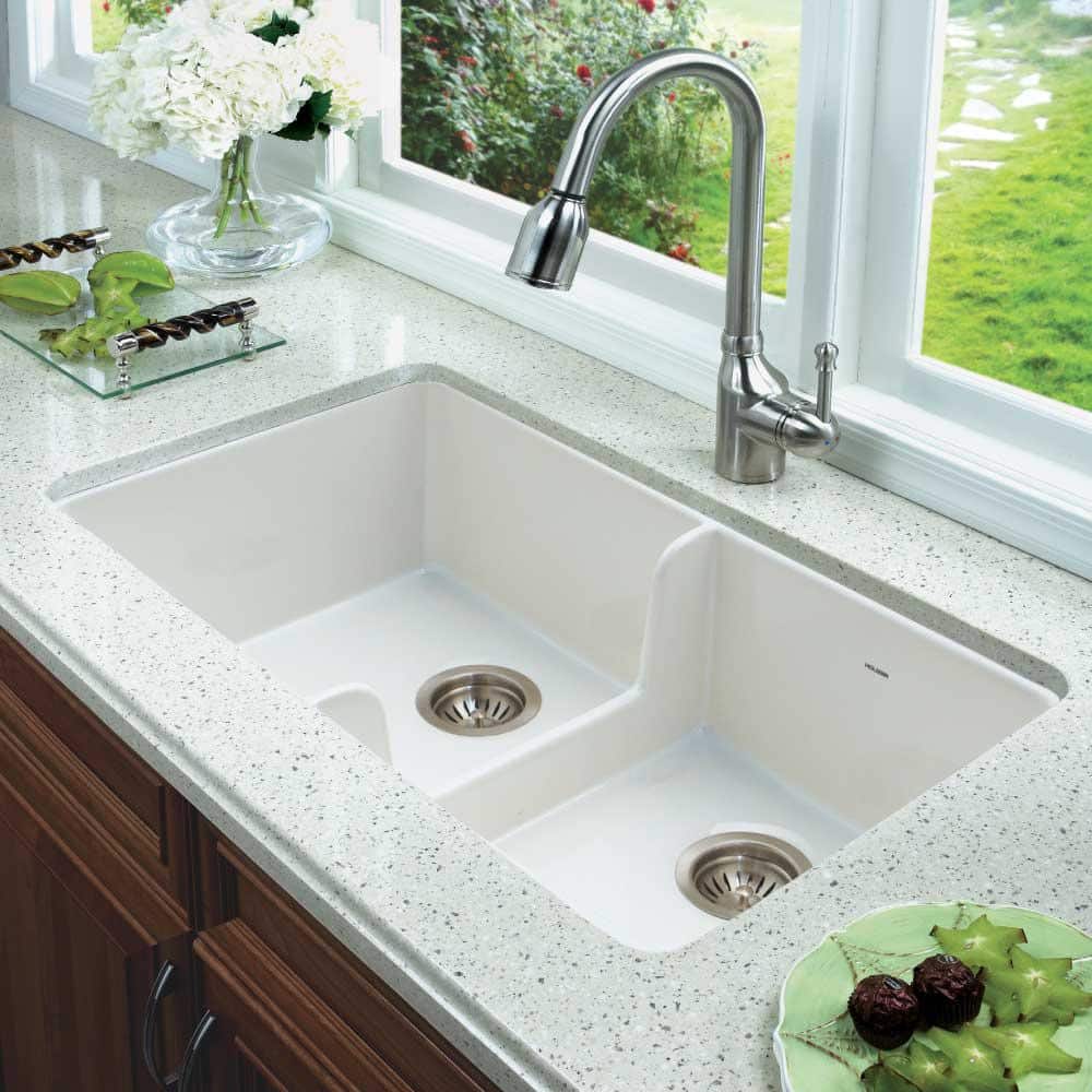 White Glossy Fireclay Double Bowl Farmhouse Sink