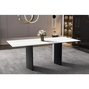 Lior Rectangular 62 in. Sintered StoneDining Table in Black Double Pedestal Steel Legs in White Gold Seats 6