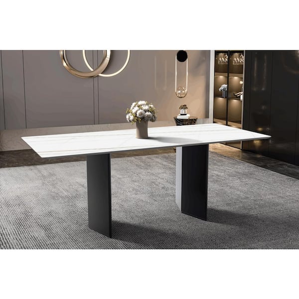 Leisuremod Lior Rectangular 62 in. Sintered StoneDining Table in Black Double Pedestal Steel Legs in White Gold Seats 6